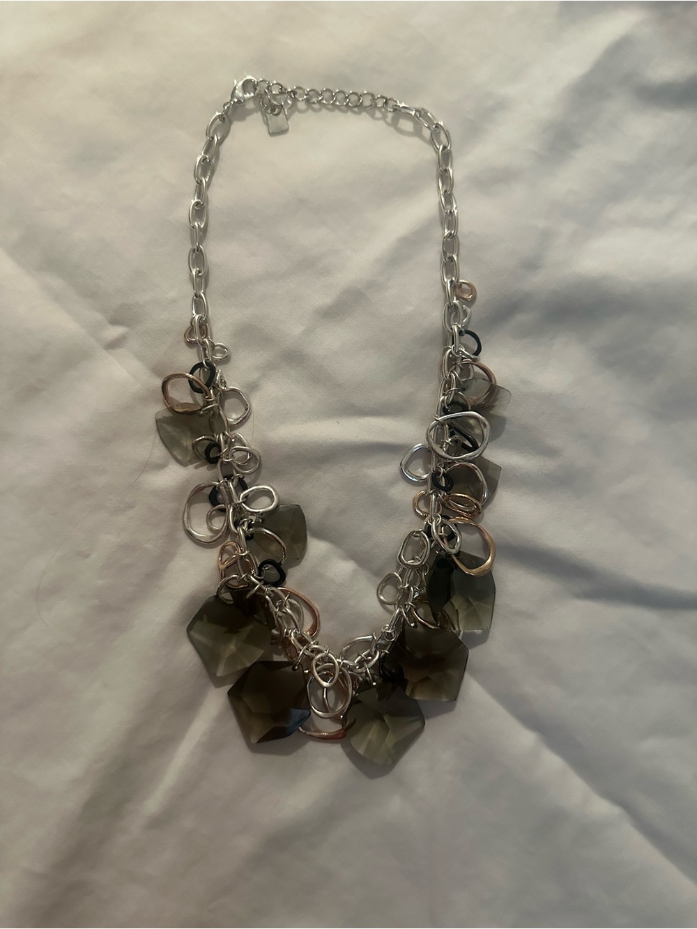 Silver and Gold-Tone Chain Necklace with Smoky Gem Accents